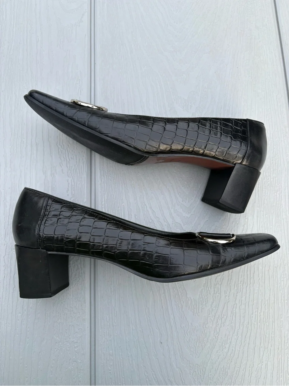 VTG Etienne Aigner Leather Pumps Black Leather Block Heels Womens 7.5 Office